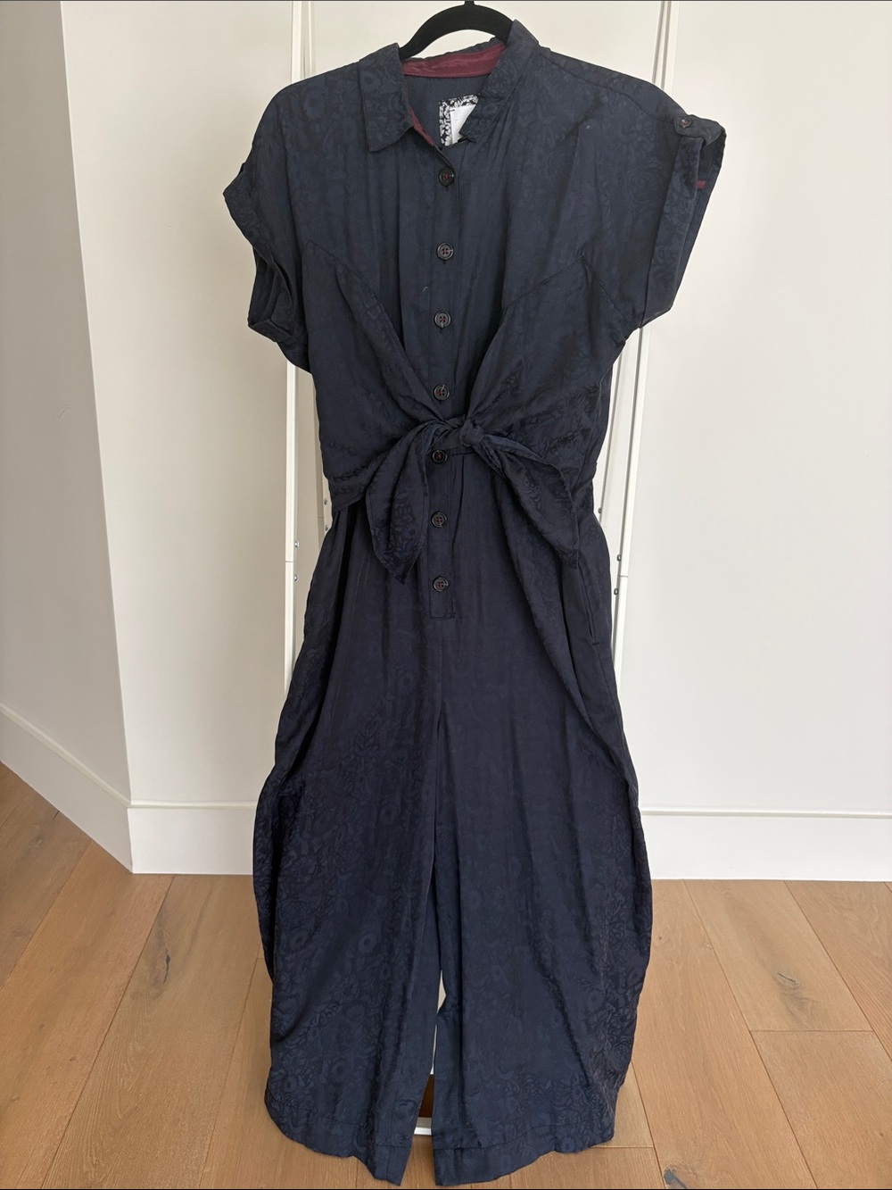 Classic Navy Button-Front Tie-Waist Midi Jumpsuit